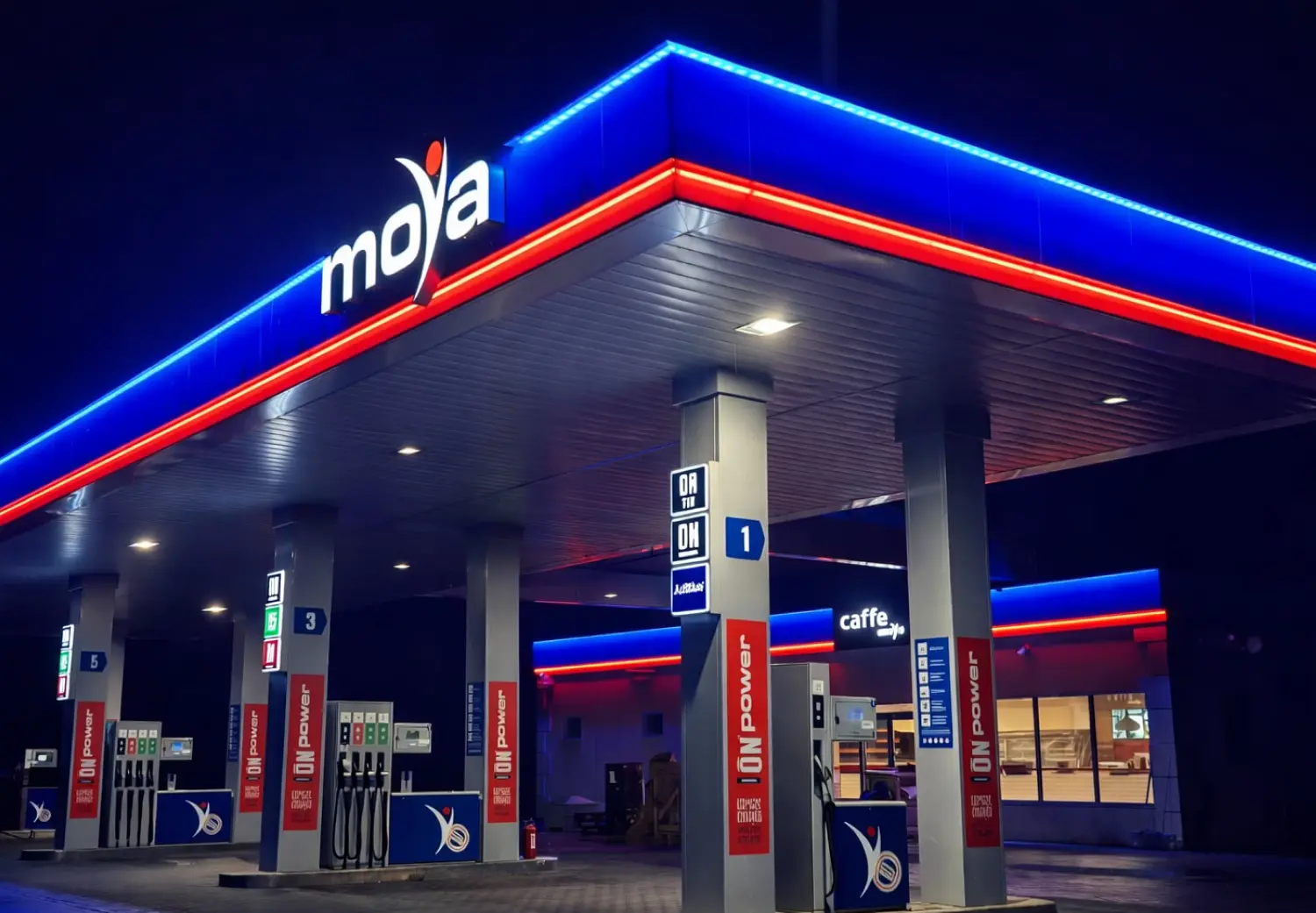 Stacja paliw moya nocą - Graffico
