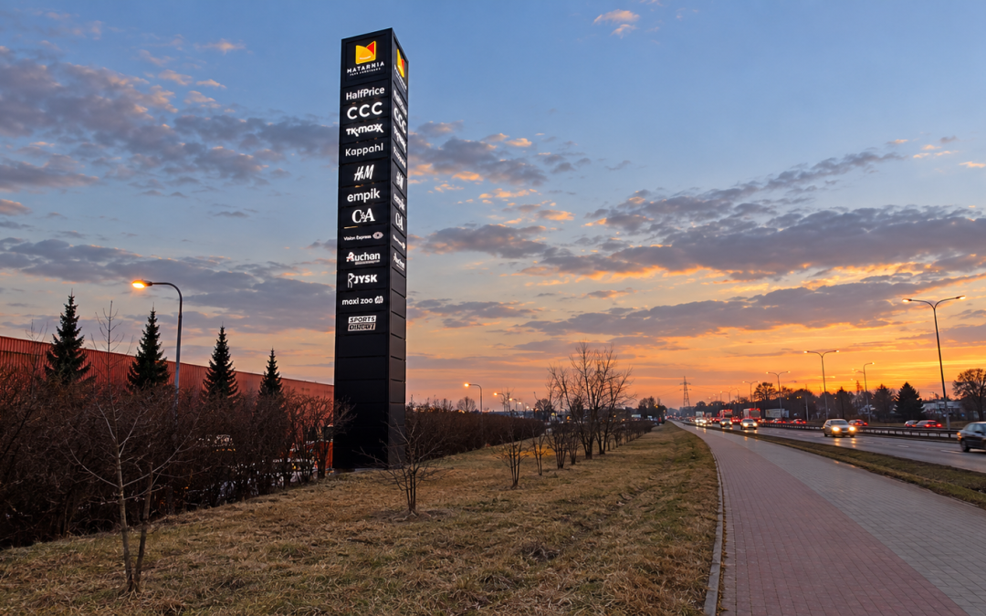 Pylon wielomarkowy dla parku handlowego – jak połączyć design, widoczność marek i nowoczesną architekturę?