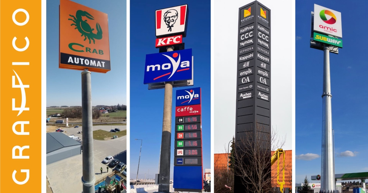 słupy reklamowe z logotypami